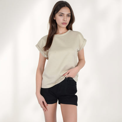 Anna-Kaci Women's Textured Short Sleeve Pullover Top with Rolled Cuffs and Subtle Geometric Pattern