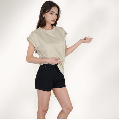 Anna-Kaci Women's Textured Short Sleeve Pullover Top with Rolled Cuffs and Subtle Geometric Pattern