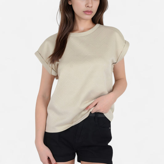 Anna-Kaci Women's Textured Short Sleeve Pullover Top with Rolled Cuffs and Subtle Geometric Pattern