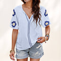 Anna-Kaci Women's Embroidered Short Sleeve Blouse with Floral Motif and Split V-Neck Detail for Casual Summer Style