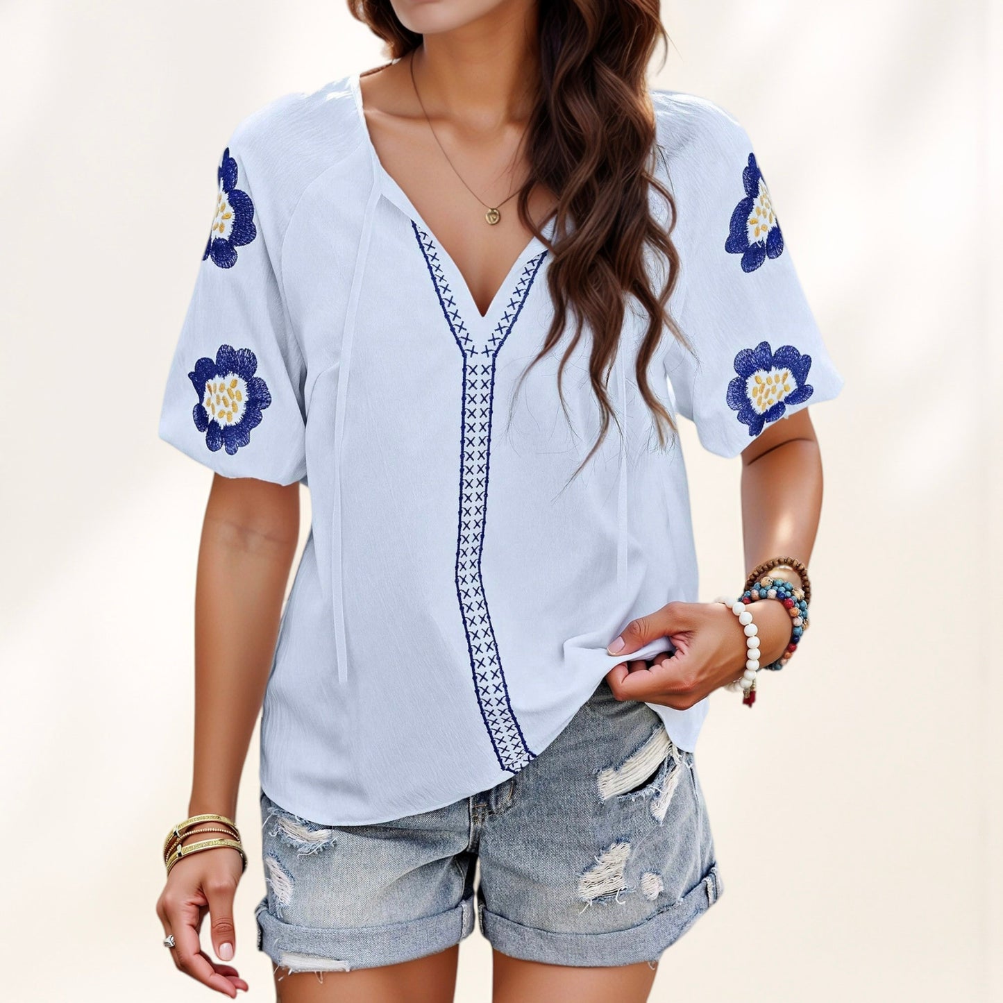 Anna-Kaci Women's Embroidered Short Sleeve Blouse with Floral Motif and Split V-Neck Detail for Casual Summer Style