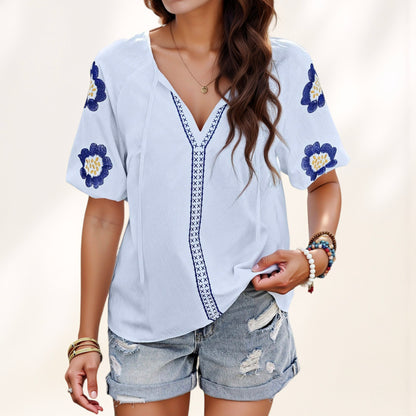 Anna-Kaci Women's Embroidered Short Sleeve Blouse with Floral Motif and Split V-Neck Detail for Casual Summer Style