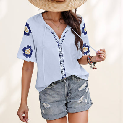 Anna-Kaci Women's Embroidered Short Sleeve Blouse with Floral Motif and Split V-Neck Detail for Casual Summer Style