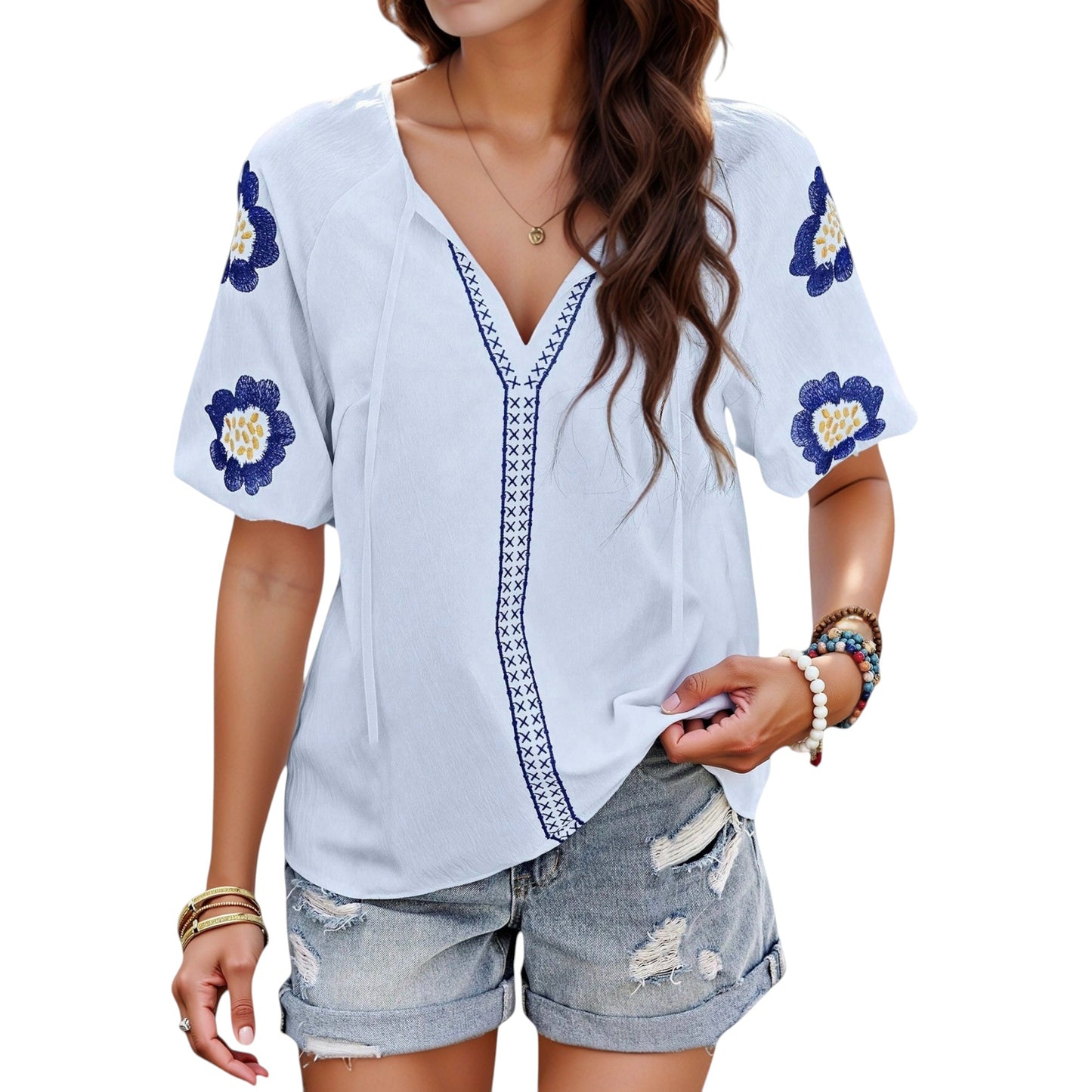 Anna-Kaci Women's Embroidered Short Sleeve Blouse with Floral Motif and Split V-Neck Detail for Casual Summer Style