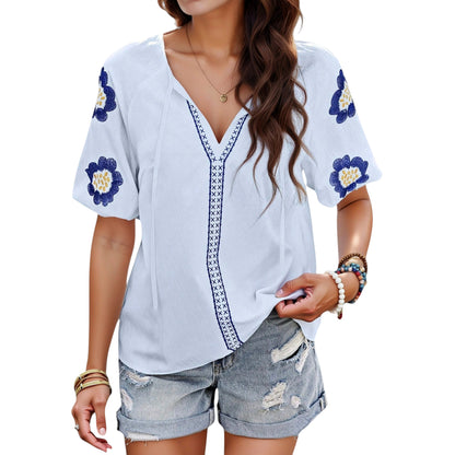 Anna-Kaci Women's Embroidered Short Sleeve Blouse with Floral Motif and Split V-Neck Detail for Casual Summer Style