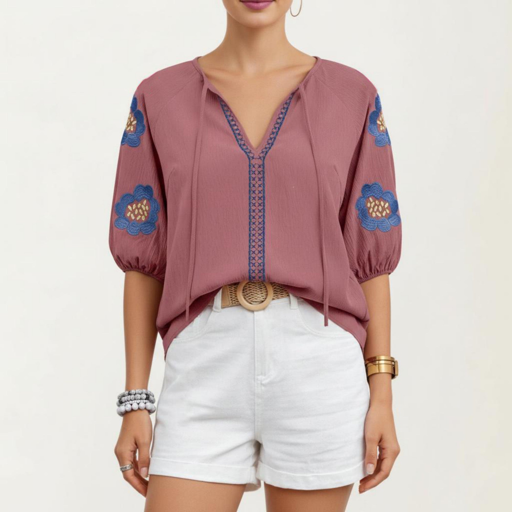 Anna-Kaci Women's Embroidered Short Sleeve Blouse with Floral Motif and Split V-Neck Detail for Casual Summer Style