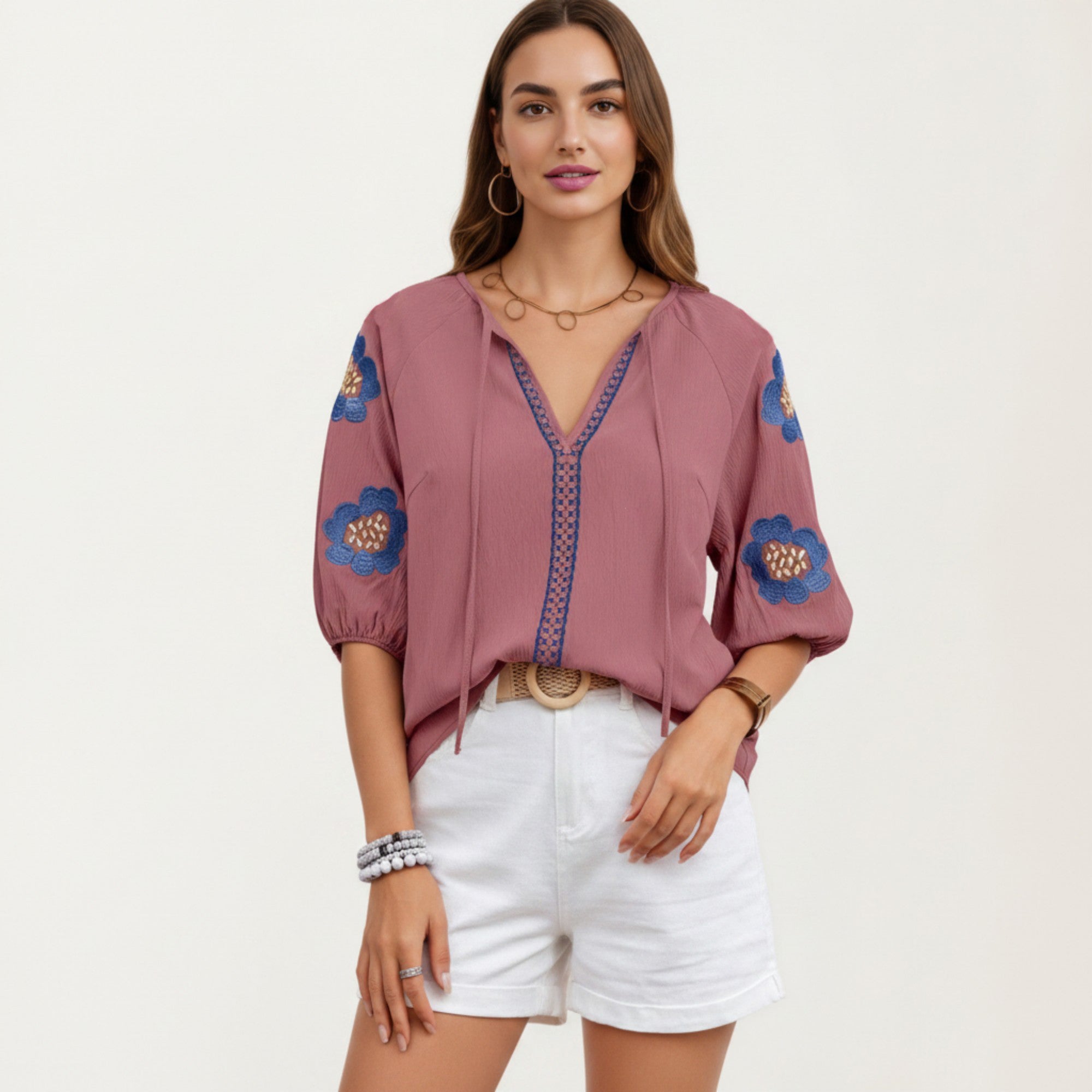 Anna-Kaci Women's Embroidered Short Sleeve Blouse with Floral Motif and Split V-Neck Detail for Casual Summer Style