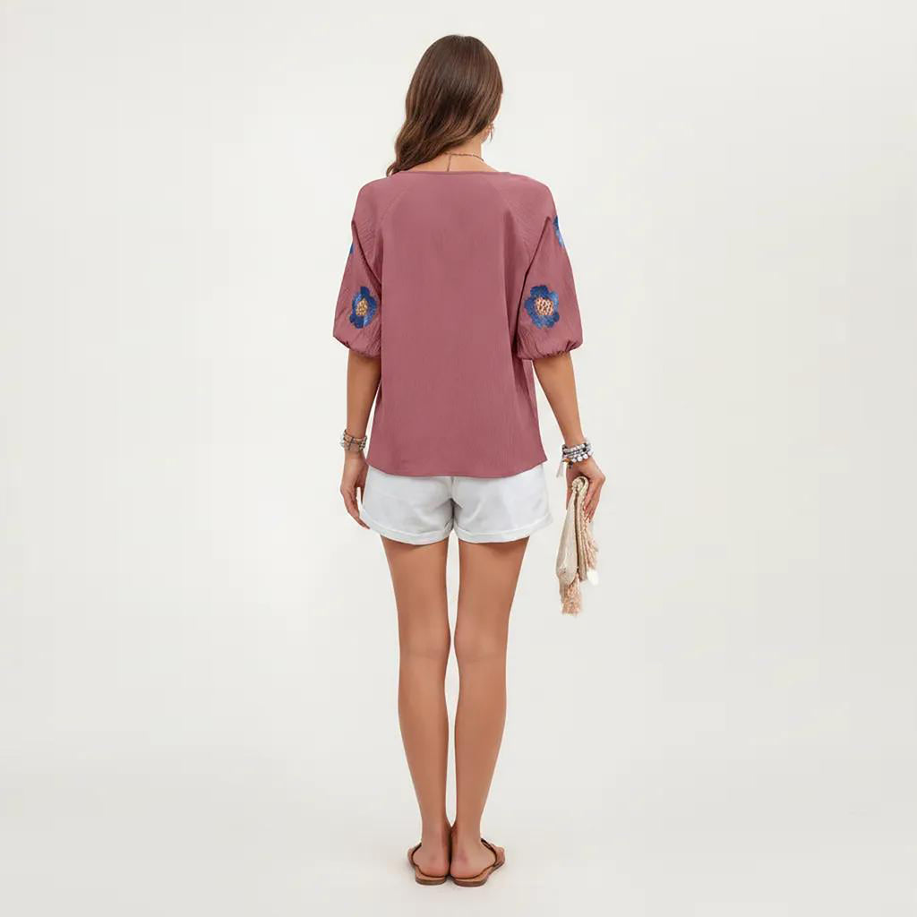 Anna-Kaci Women's Embroidered Short Sleeve Blouse with Floral Motif and Split V-Neck Detail for Casual Summer Style