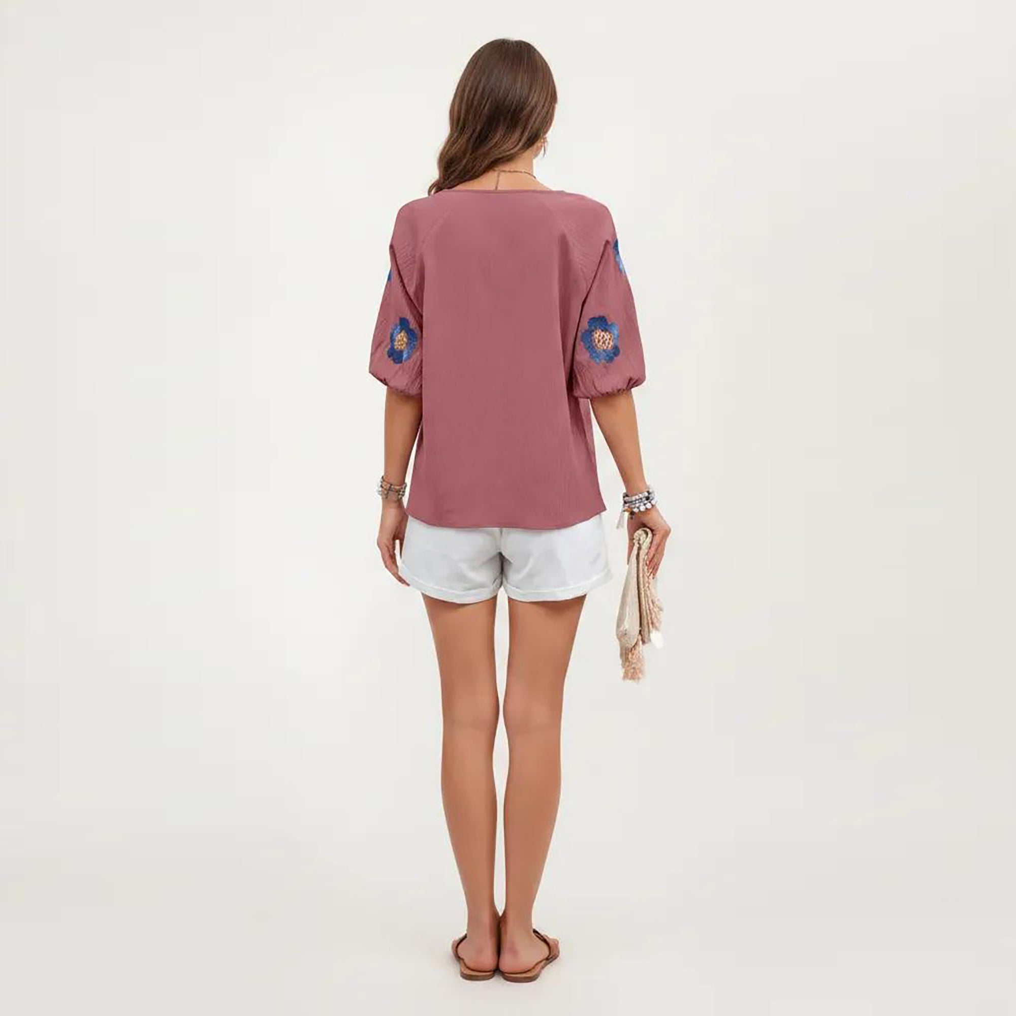 Anna-Kaci Women's Embroidered Short Sleeve Blouse with Floral Motif and Split V-Neck Detail for Casual Summer Style