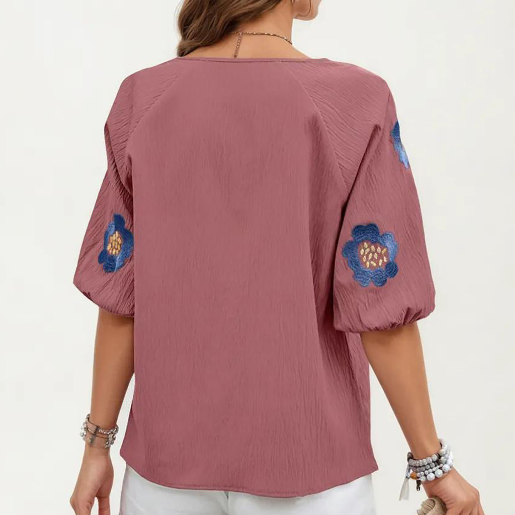 Anna-Kaci Women's Embroidered Short Sleeve Blouse with Floral Motif and Split V-Neck Detail for Casual Summer Style