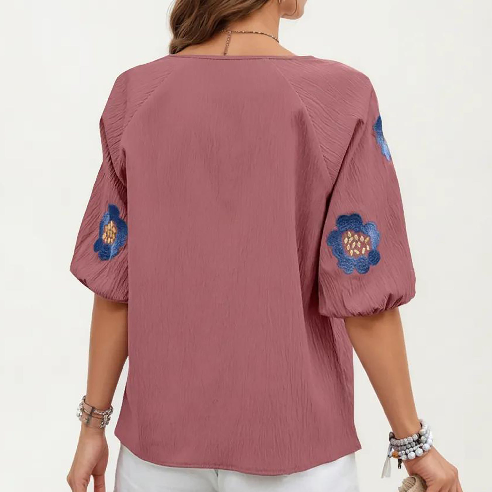 Anna-Kaci Women's Embroidered Short Sleeve Blouse with Floral Motif and Split V-Neck Detail for Casual Summer Style