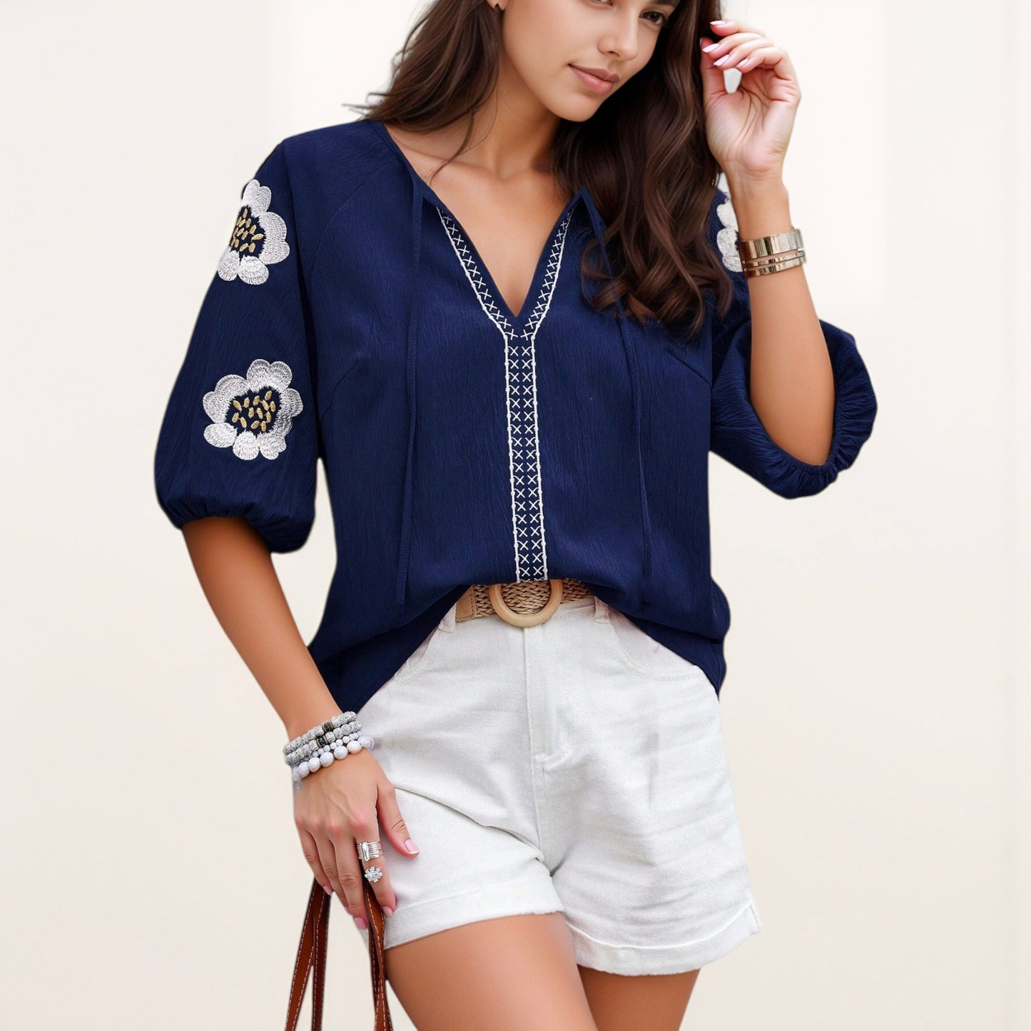Anna-Kaci Women's Embroidered Short Sleeve Blouse with Floral Motif and Split V-Neck Detail for Casual Summer Style