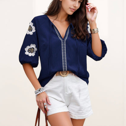 Anna-Kaci Women's Embroidered Short Sleeve Blouse with Floral Motif and Split V-Neck Detail for Casual Summer Style