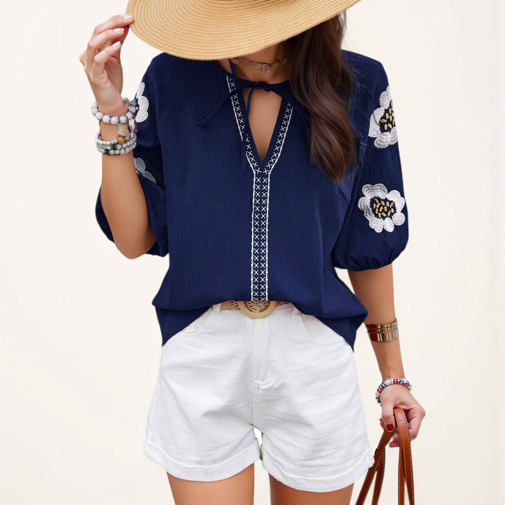 Anna-Kaci Women's Embroidered Short Sleeve Blouse with Floral Motif and Split V-Neck Detail for Casual Summer Style