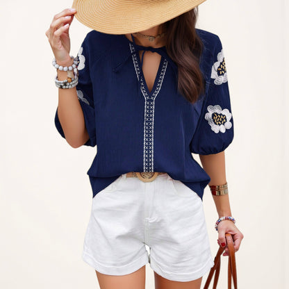 Anna-Kaci Women's Embroidered Short Sleeve Blouse with Floral Motif and Split V-Neck Detail for Casual Summer Style