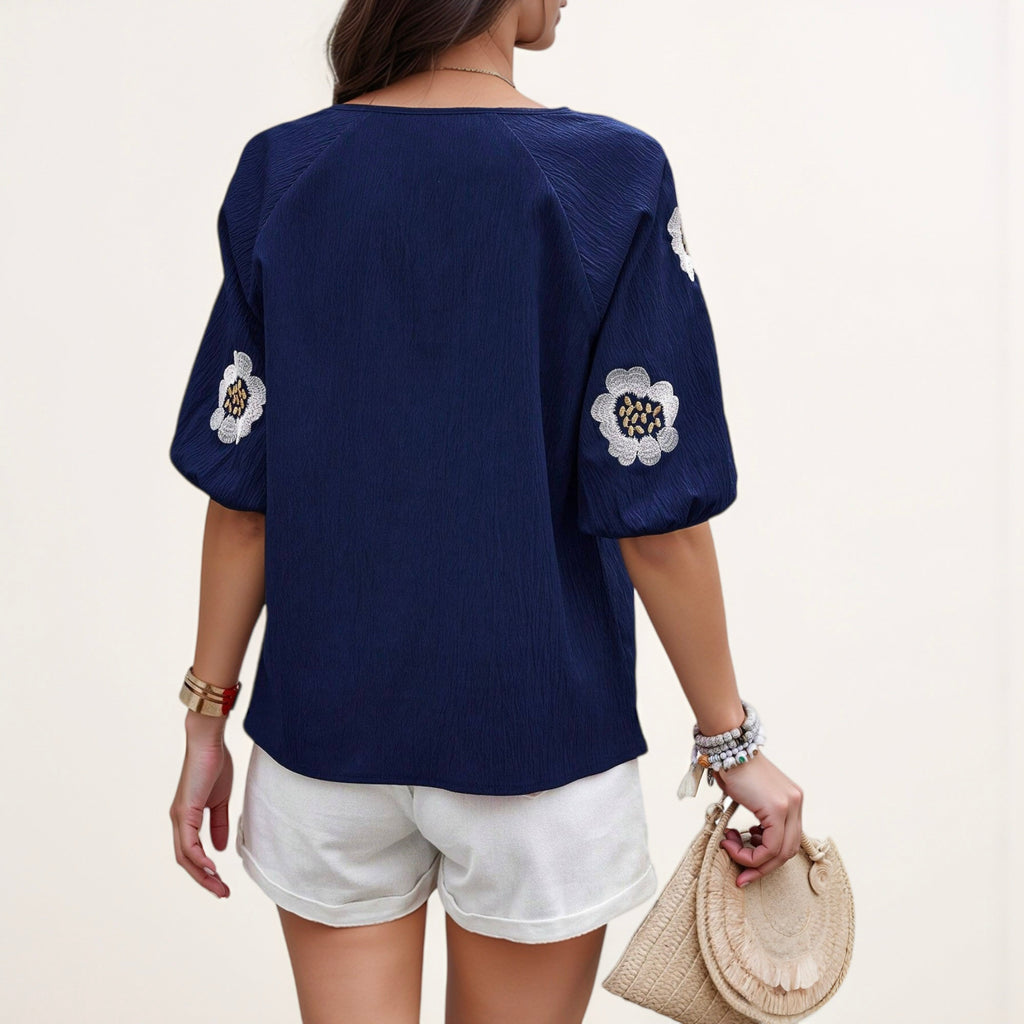 Anna-Kaci Women's Embroidered Short Sleeve Blouse with Floral Motif and Split V-Neck Detail for Casual Summer Style