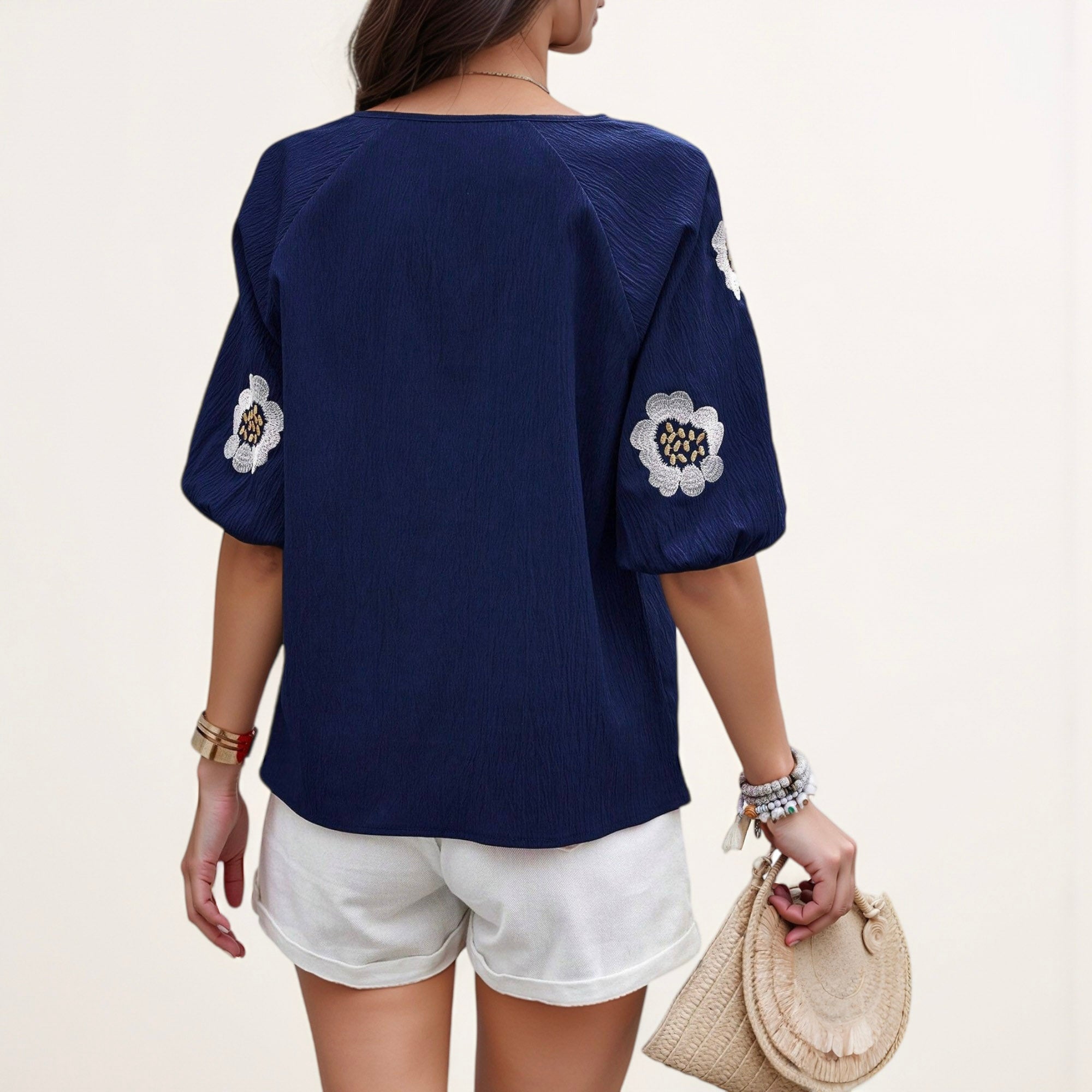 Anna-Kaci Women's Embroidered Short Sleeve Blouse with Floral Motif and Split V-Neck Detail for Casual Summer Style