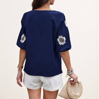 Anna-Kaci Women's Embroidered Short Sleeve Blouse with Floral Motif and Split V-Neck Detail for Casual Summer Style