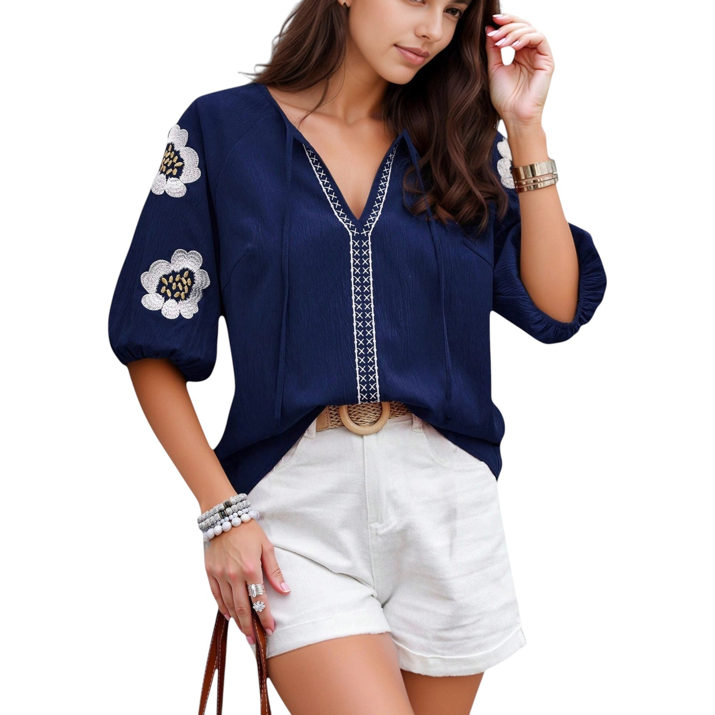 Anna-Kaci Women's Embroidered Short Sleeve Blouse with Floral Motif and Split V-Neck Detail for Casual Summer Style