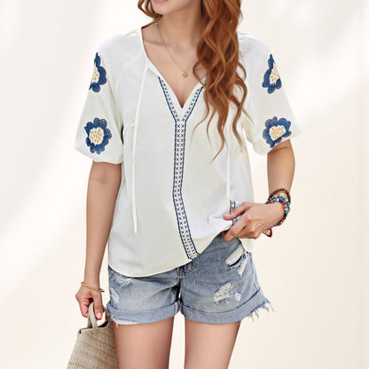 Anna-Kaci Women's Embroidered Short Sleeve Blouse with Floral Motif and Split V-Neck Detail for Casual Summer Style