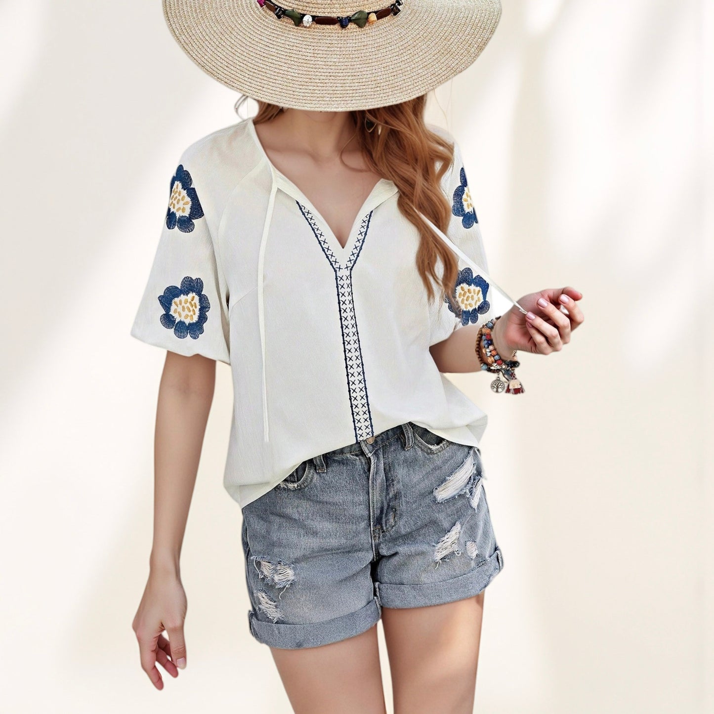 Anna-Kaci Women's Embroidered Short Sleeve Blouse with Floral Motif and Split V-Neck Detail for Casual Summer Style