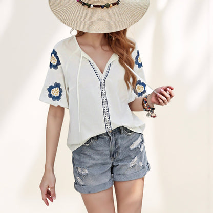 Anna-Kaci Women's Embroidered Short Sleeve Blouse with Floral Motif and Split V-Neck Detail for Casual Summer Style