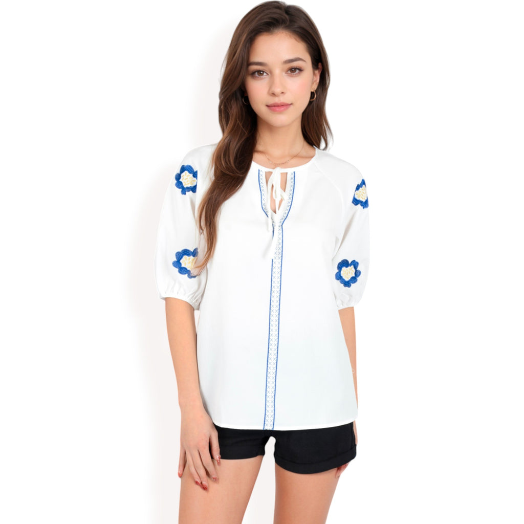Anna-Kaci Women's Floral Embroidered Blouse with Puff Sleeves and V-Neckline