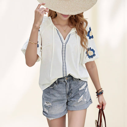 Anna-Kaci Women's Embroidered Short Sleeve Blouse with Floral Motif and Split V-Neck Detail for Casual Summer Style