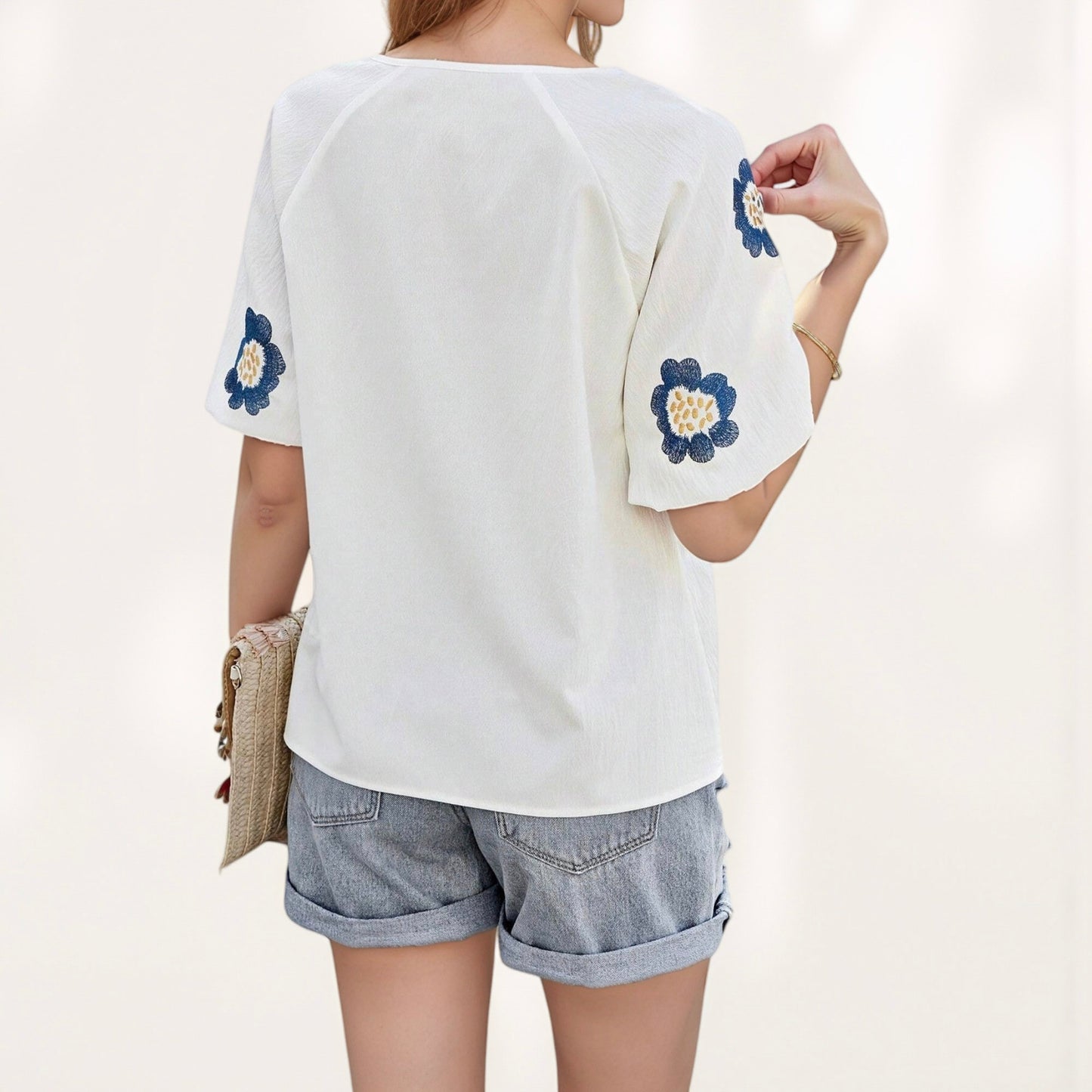 Anna-Kaci Women's Embroidered Short Sleeve Blouse with Floral Motif and Split V-Neck Detail for Casual Summer Style