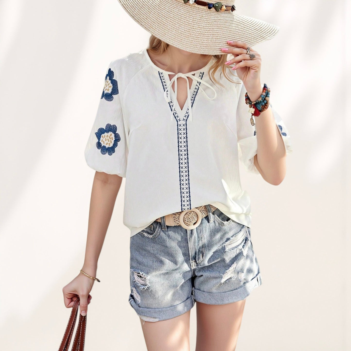Anna-Kaci Women's Embroidered Short Sleeve Blouse with Floral Motif and Split V-Neck Detail for Casual Summer Style