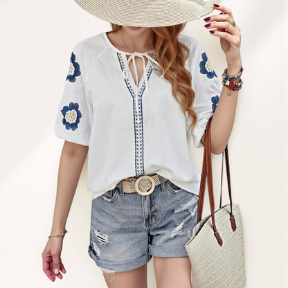 Anna-Kaci Women's Embroidered Short Sleeve Blouse with Floral Motif and Split V-Neck Detail for Casual Summer Style