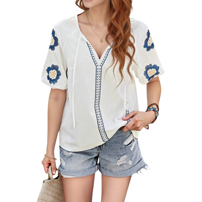 Anna-Kaci Women's Embroidered Short Sleeve Blouse with Floral Motif and Split V-Neck Detail for Casual Summer Style