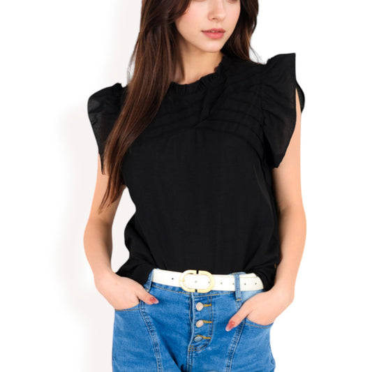 Anna-Kaci Women's Ruffled Sleeve Pleated Front Knit Top