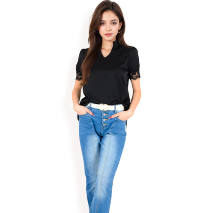Anna-Kaci Women's Puff Sleeve Blouse with Delicate Crochet Cuffs and V-Neckline
