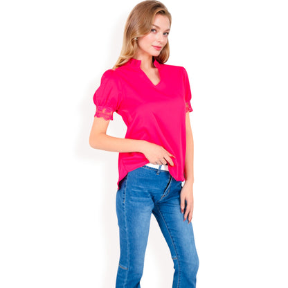 Anna-Kaci Women's Puff Sleeve Blouse with Delicate Crochet Cuffs and V-Neckline