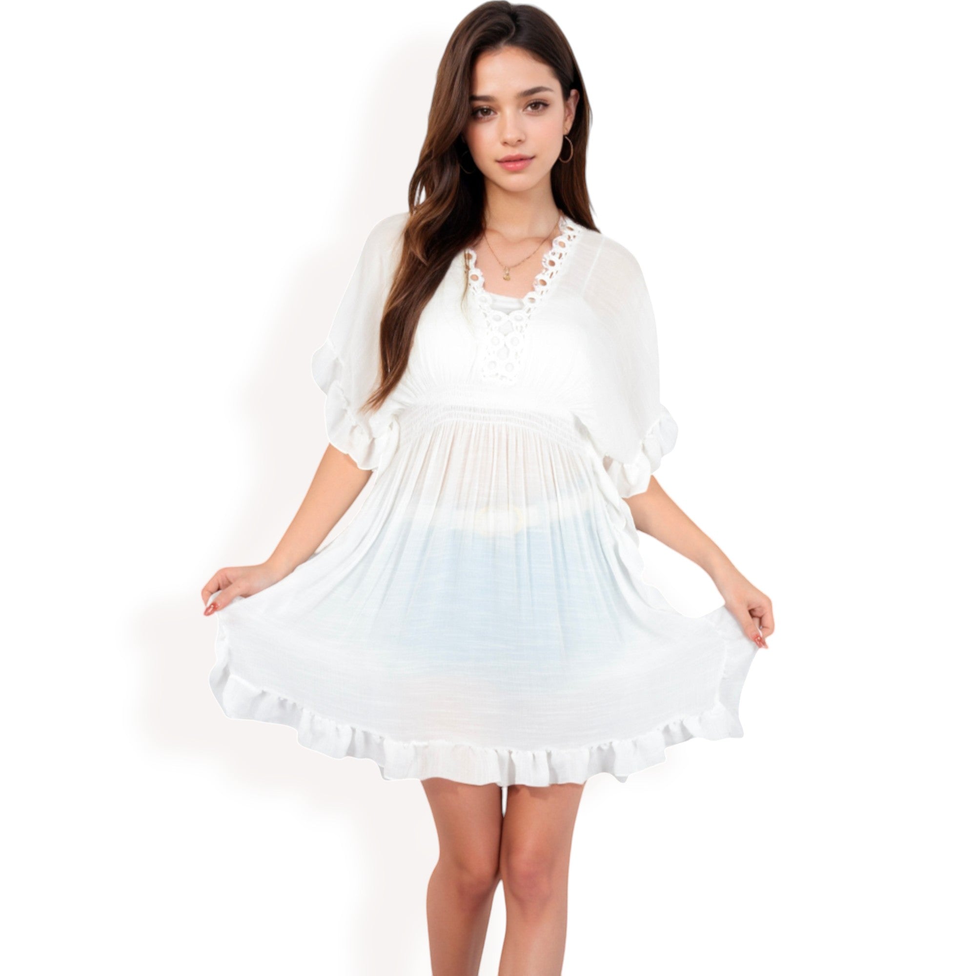 Anna-Kaci Women's White Flutter Sleeve Dress with Crochet Trim V-Neck and Smocked Waist