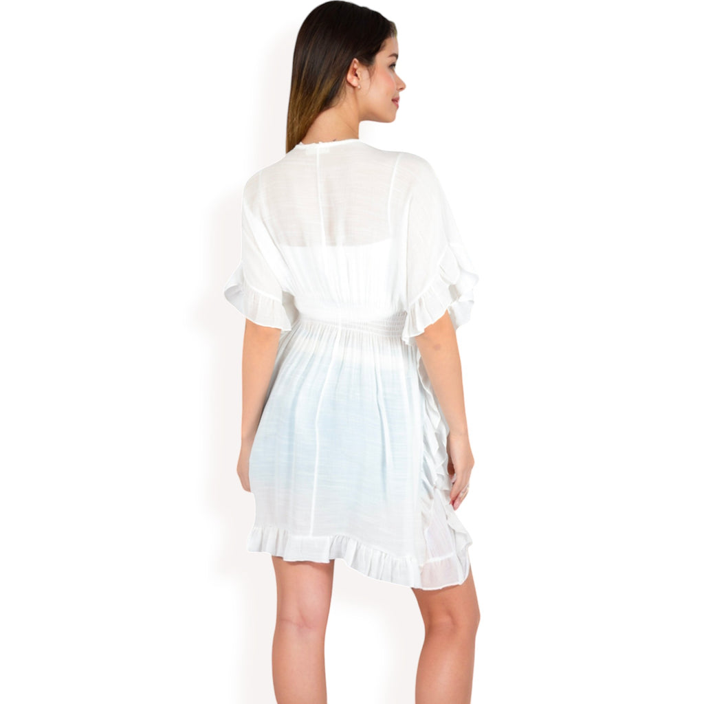 Anna-Kaci Women's White Flutter Sleeve Dress with Crochet Trim V-Neck and Smocked Waist