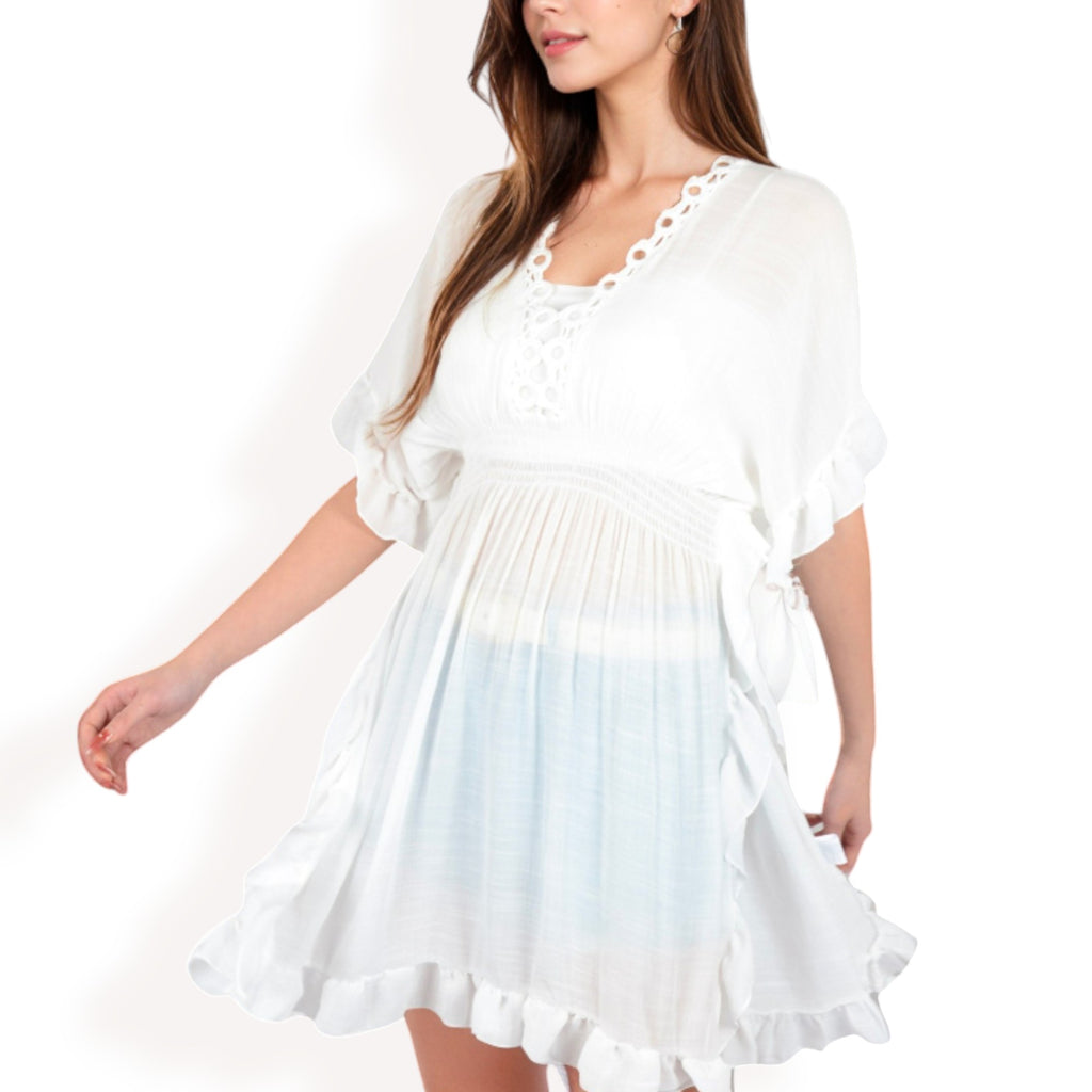 Anna-Kaci Women's White Flutter Sleeve Dress with Crochet Trim V-Neck and Smocked Waist