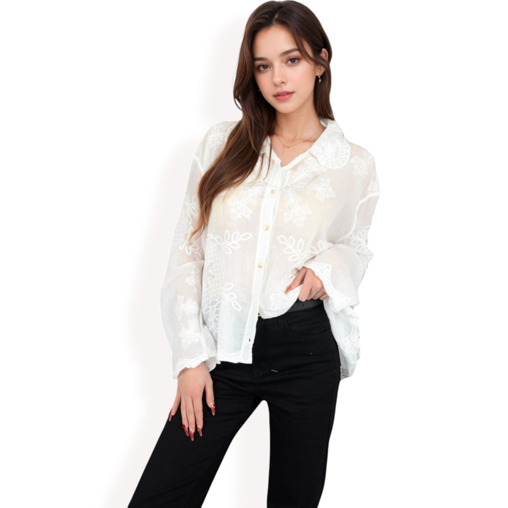 Anna-Kaci Women's Embroidered Sheer Blouse with Scalloped Hem and Button-Up Design