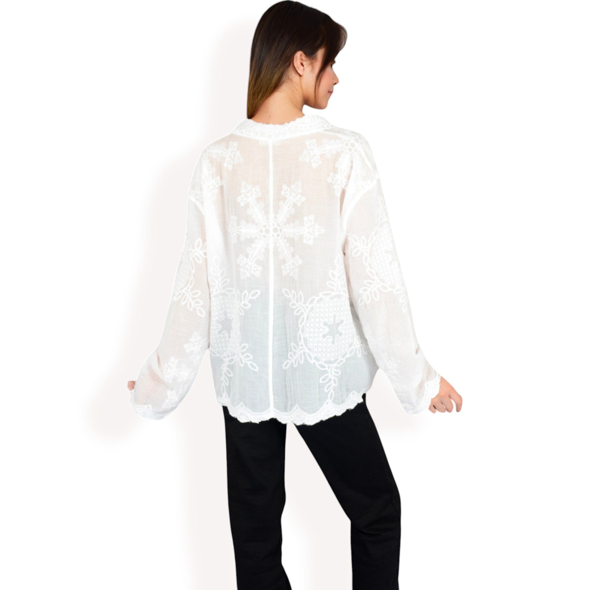 Anna-Kaci Women's Embroidered Sheer Blouse with Scalloped Hem and Button-Up Design