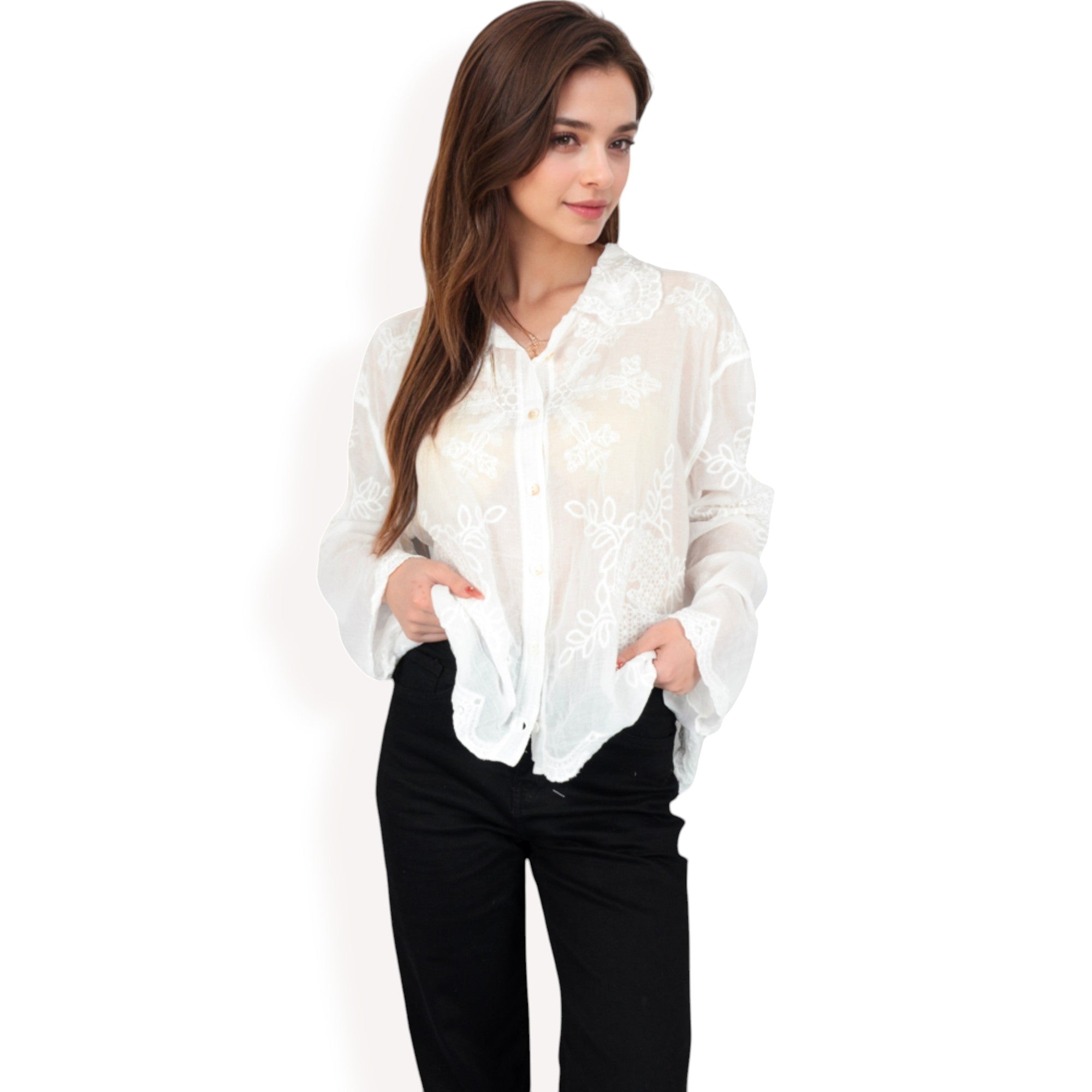 Anna-Kaci Women's Embroidered Sheer Blouse with Scalloped Hem and Button-Up Design