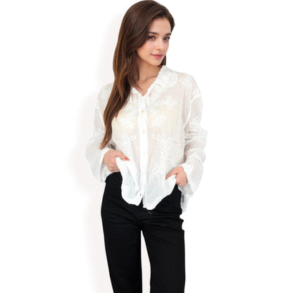 Anna-Kaci Women's Embroidered Sheer Blouse with Scalloped Hem and Button-Up Design
