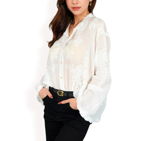 Anna-Kaci Women's Embroidered Sheer Blouse with Scalloped Hem and Button-Up Design