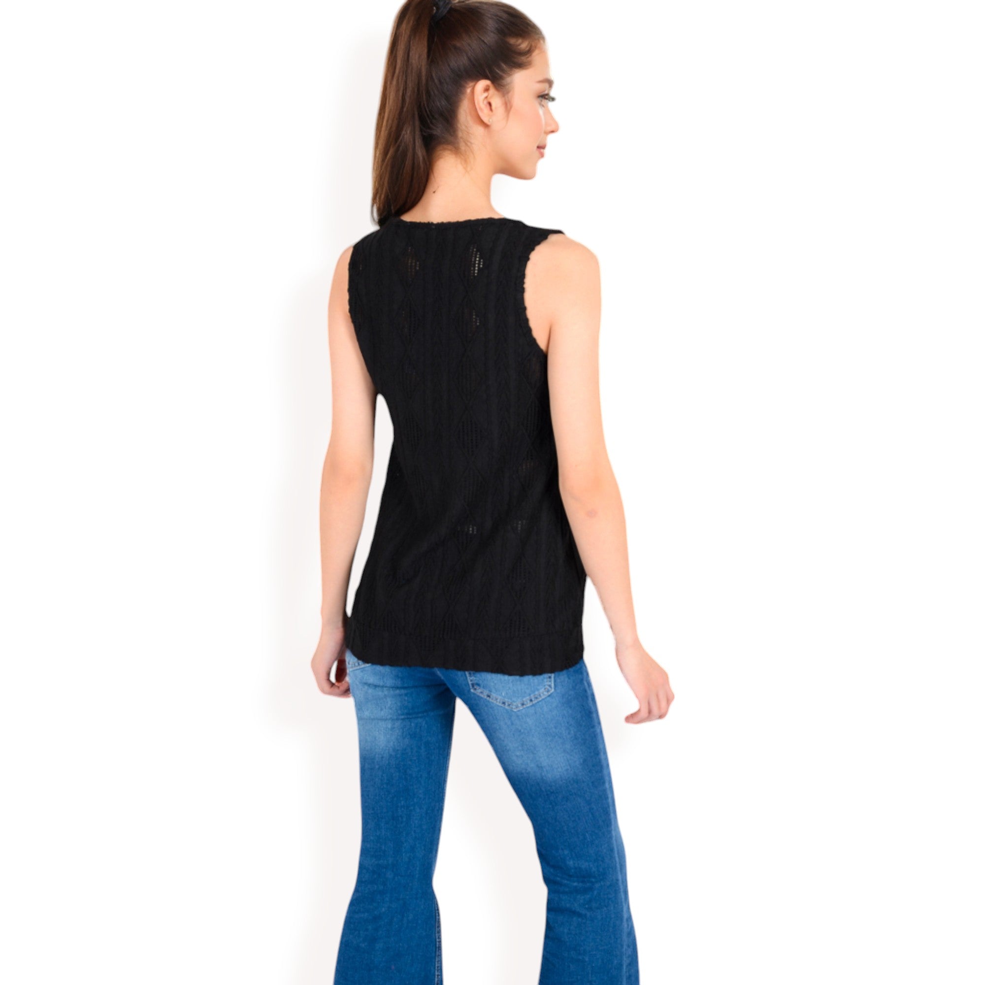Anna-Kaci Women's Sleeveless Blouse with Keyhole Neckline and Geometric Eyelet Design