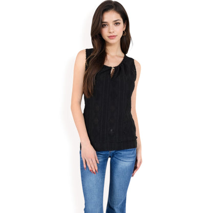 Anna-Kaci Women's Sleeveless Blouse with Keyhole Neckline and Geometric Eyelet Design