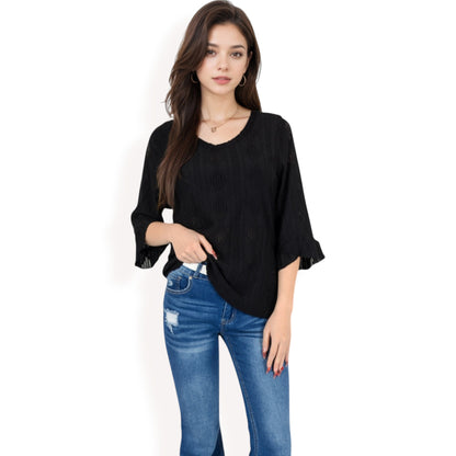Anna-Kaci Women's 3/4 Sleeve V-Neck Blouse with Geometric Eyelet Pattern
