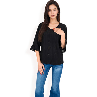 Anna-Kaci Women's 3/4 Sleeve V-Neck Blouse with Geometric Eyelet Pattern