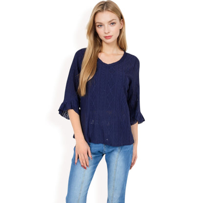 Anna-Kaci Women's 3/4 Sleeve V-Neck Blouse with Geometric Eyelet Pattern