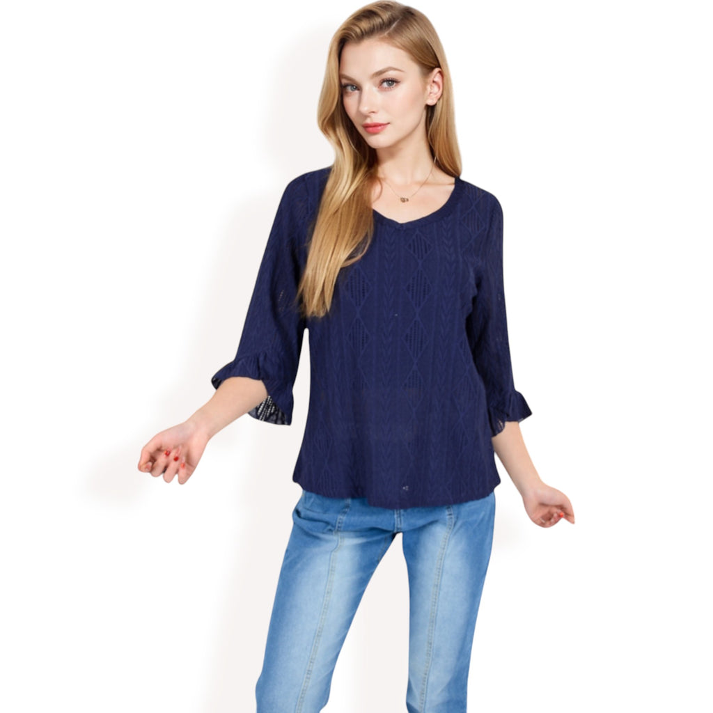 Anna-Kaci Women's 3/4 Sleeve V-Neck Blouse with Geometric Eyelet Pattern