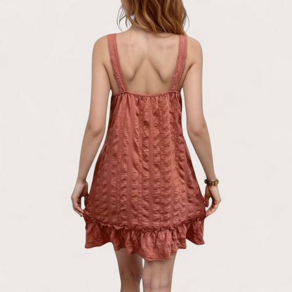 Anna-Kaci Women's Textured Button Front Overall Dress with Adjustable Straps and Ruffle Hem Detail